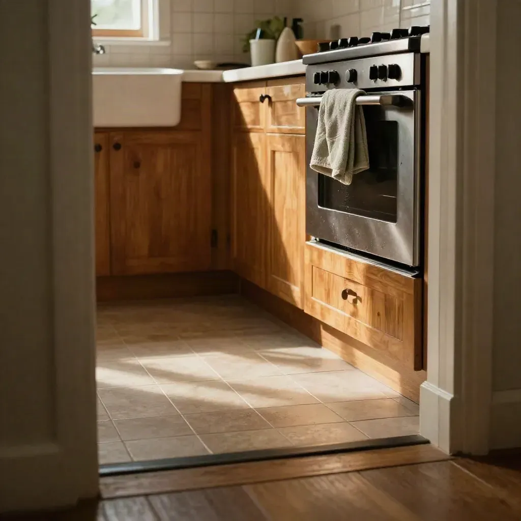 Bright cleaned bathroom sink and kitchen edges with baseboards, grout, and oven lip in warm afternoon light.