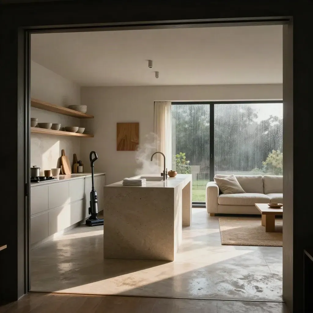 Freshly cleaned kitchen and living room with gleaming sink, towels, vacuum and misty rain light
