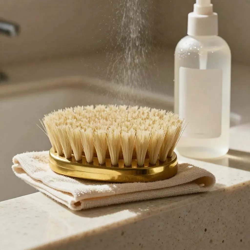 Brass detail brush, microfiber edge, and misted spray bottle on pale travertine.
