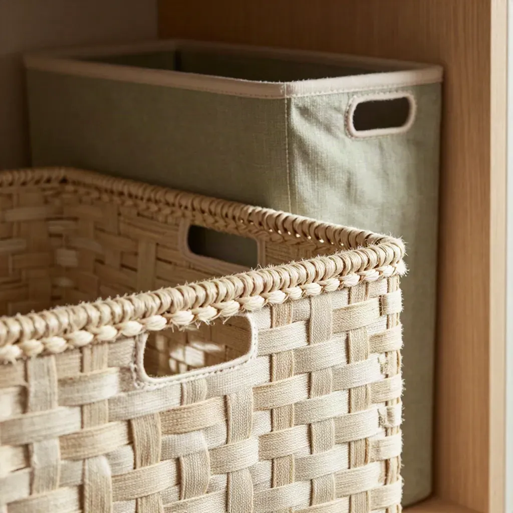 Woven baskets and linen bins stacked beside a pale wood divider in soft sage tones.