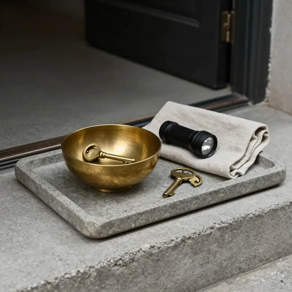 Brass key bowl, flashlight, and doorstop on a stone tray by a quiet entry threshold.