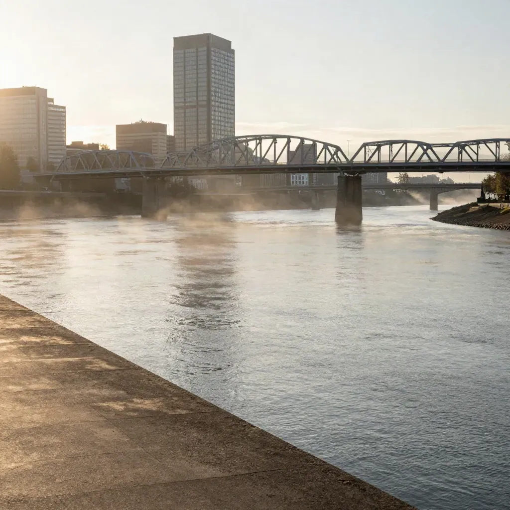 Portland skyline and high bridge over the Willamette in dawn mist
