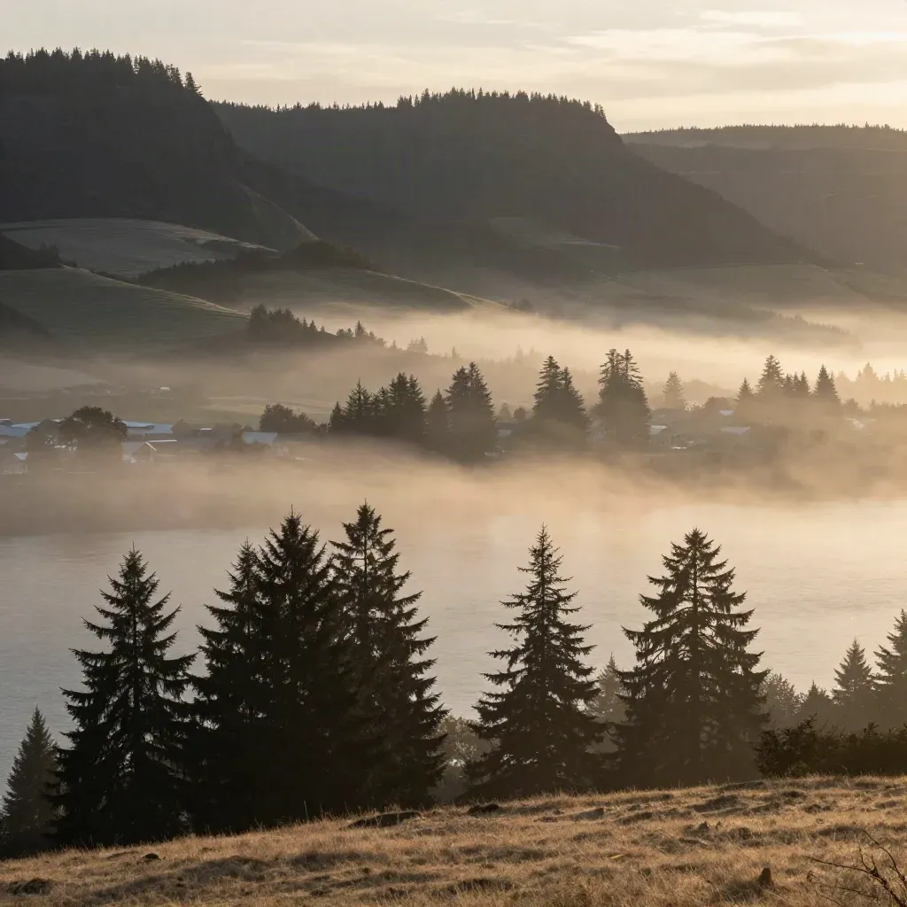 Misty Columbia River Gorge foothills with Troutdale edge and sunrise over a basalt ridge